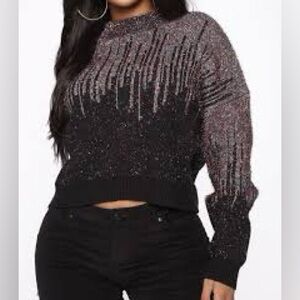 Fashion Nova Sprinkle Some Fun Pullover Sweater Black Rainbow Glitter Multi Med